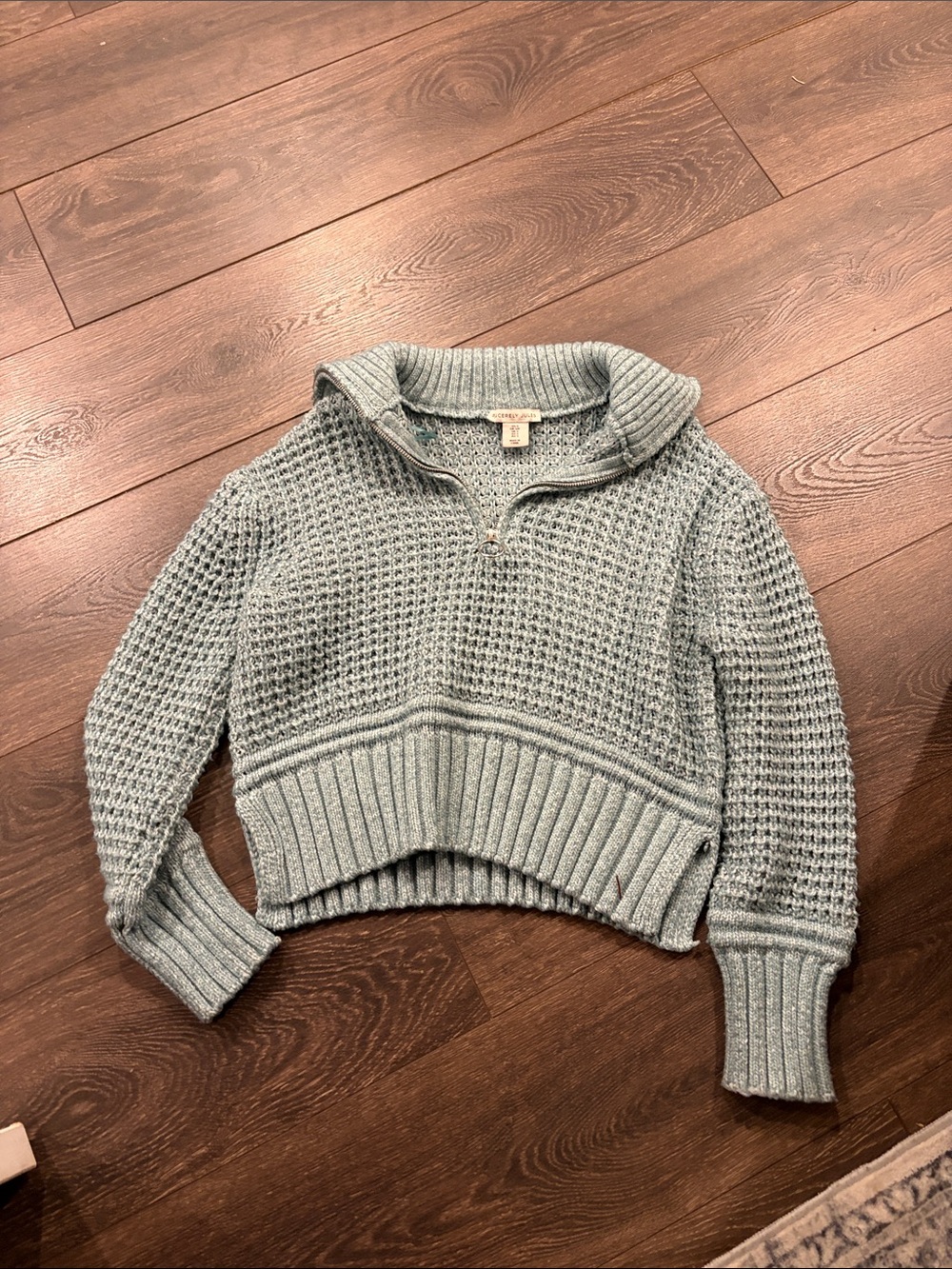 Sincerely Jules Cropped Waffle-Knit Half-Zip Sweater - Light Gray